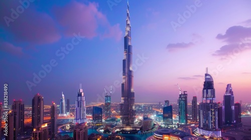 The Burj Khalifa piercing the sky at twilight, with surrounding city lights and bustling streets below, emphasizing vertical grandeur and modernity.
