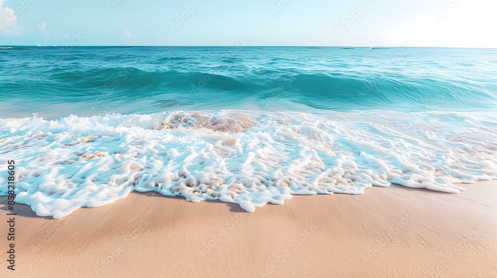 A serene and refreshing scene is created by crystal clear turquoise waves gently washing onto a sandy beach in close-up. A serene and refreshing scene is created by crystal clear turquoise waves gently washing onto a sandy beach in close-up.