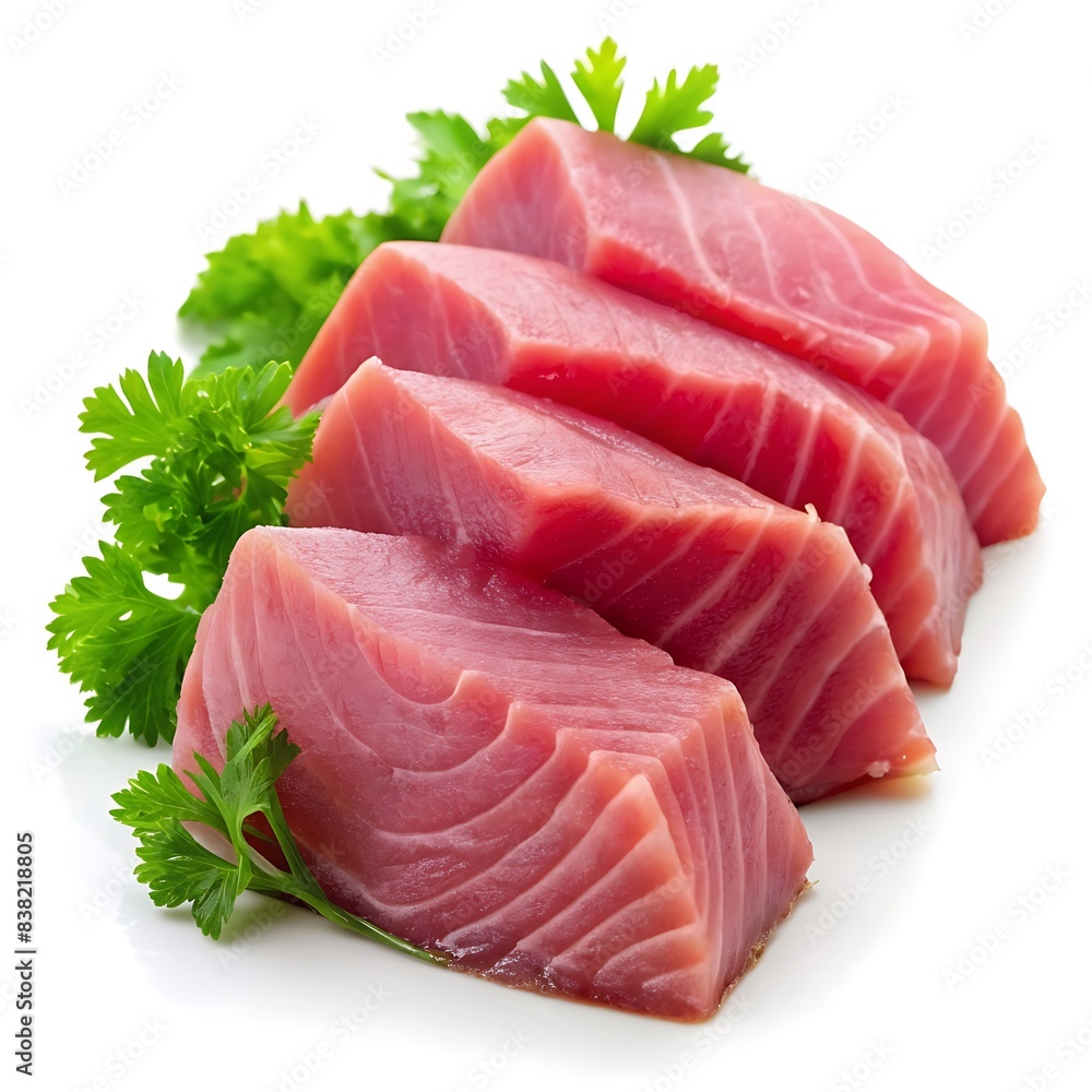 Tuna meats on white background. top view Fresh tuna. Fish steak. Tuna meats on white background. top view Fresh tuna. Fish steak.