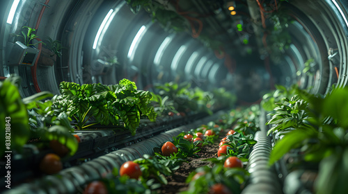 A futuristic hydroponic garden inside a space station, growing various vegetables and plants under advanced LED lighting and controlled conditions