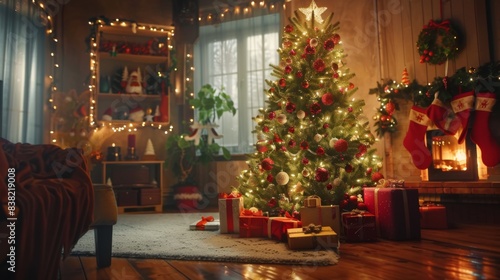 Interior christmas. magic glowing tree, fireplace, gifts.