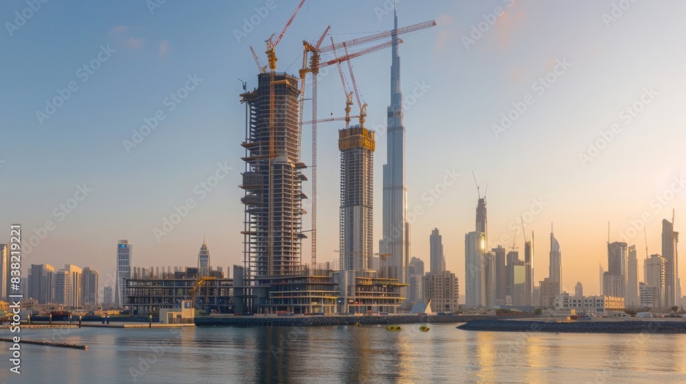 Naklejka premium The rising Dubai Creek Tower, with cranes and construction activity, set against the modern skyline of Dubai, emphasizing its ambitious height