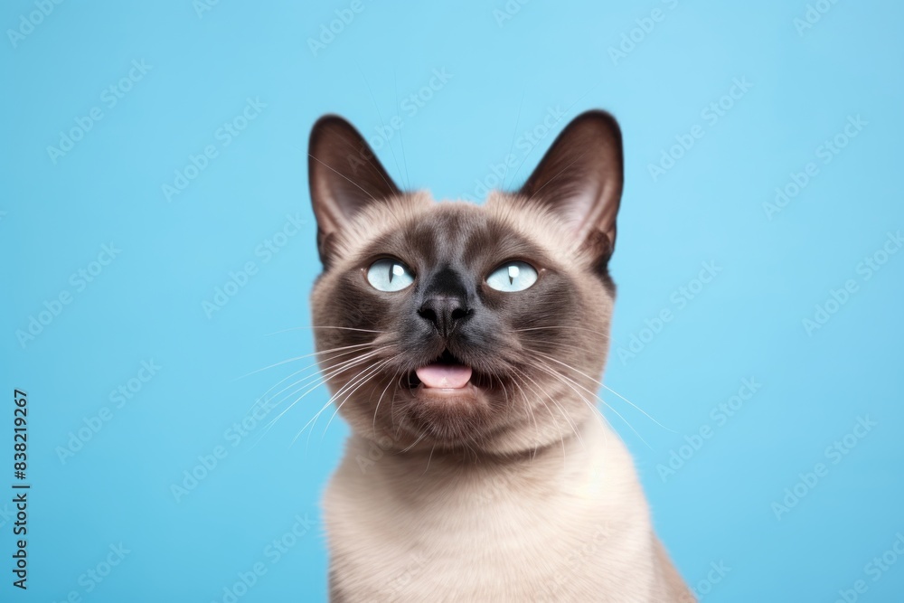 Portrait of a smiling tonkinese cat in front of solid pastel color wall Portrait of a smiling tonkinese cat in front of solid pastel color wall