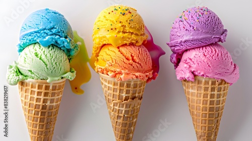 Three colorful ice cream cones each with double scoops in blue, green, yellow, orange, purple, and pink, topped with sprinkles.