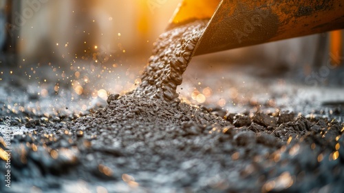 Fresh concrete pouring from mixer on construction site with sandy background