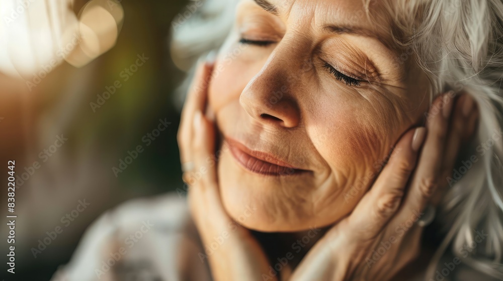 Senior lady enjoying a moment of relaxation, with closed eyes and a serene expression, as she gently touches her rejuvenated skin Senior lady enjoying a moment of relaxation, with closed eyes and a serene expression, as she gently touches her rejuvenated skin