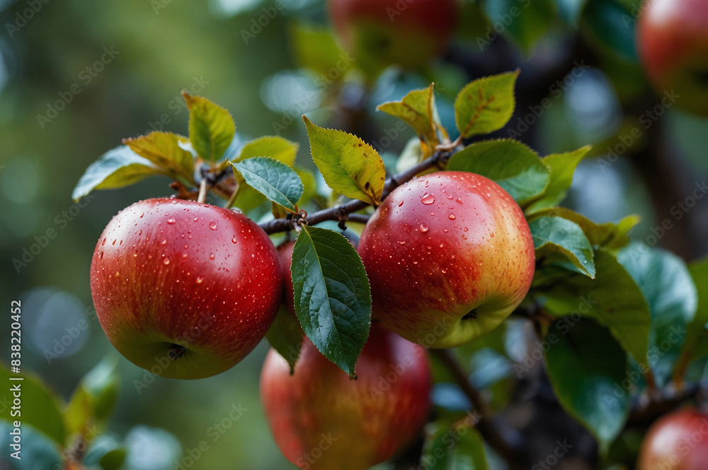 Fresh red apples hanging on a tree branch covered with dew drops Fresh red apples hanging on a tree branch covered with dew drops