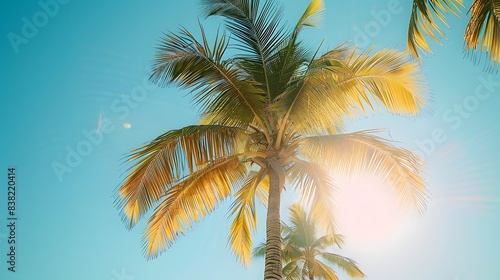 Tall palm trees with sunlit fronds set against a clear blue sky, capturing the essence of a tropical paradise.