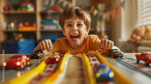 Happy boy racing toy cars down a homemade track,  cheering on his favorites and celebrating victory photo