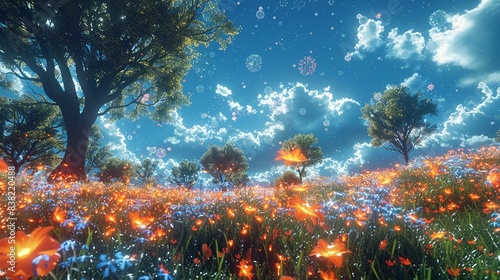 A surreal landscape where trees and flowers seem to dissolve into a cloud of particles, highlighting the transformative nature of atomic interactions. shiny, Minimal and Simple, photo