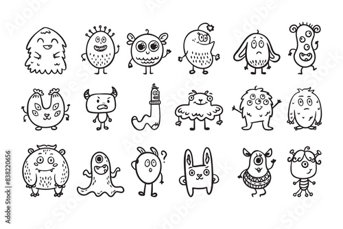 Monster alien doodle set, funny and cutes monster, hand drawn cartoon line monsters.