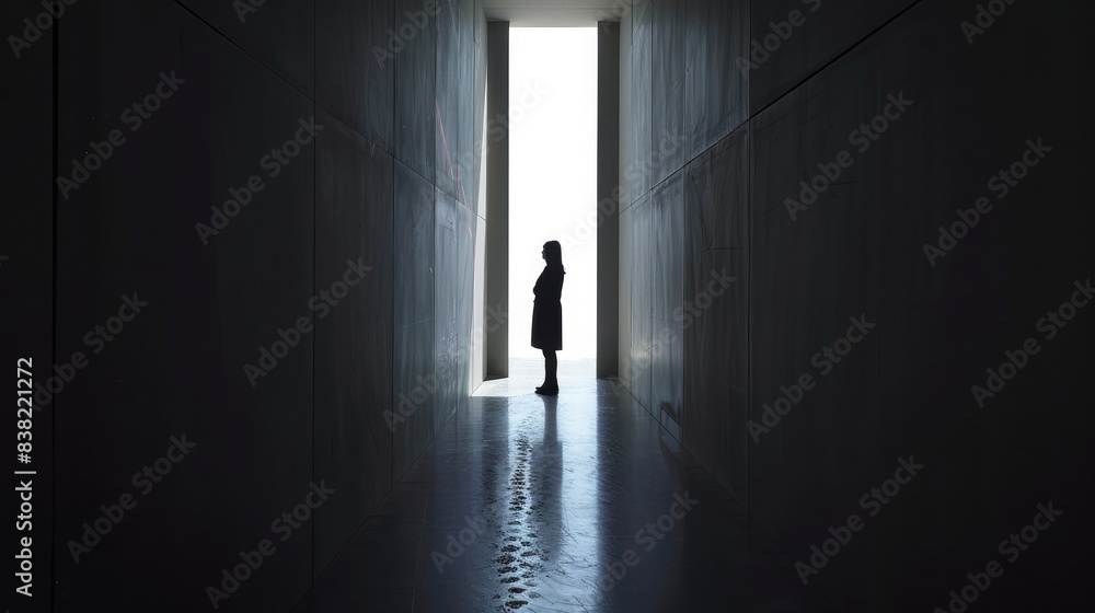 Silhouette of a person standing in a dark hallway with an open door at the end, light flooding in from outside Silhouette of a person standing in a dark hallway with an open door at the end, light flooding in from outside