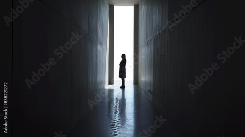 Silhouette of a person standing in a dark hallway with an open door at the end  light flooding in from outside
