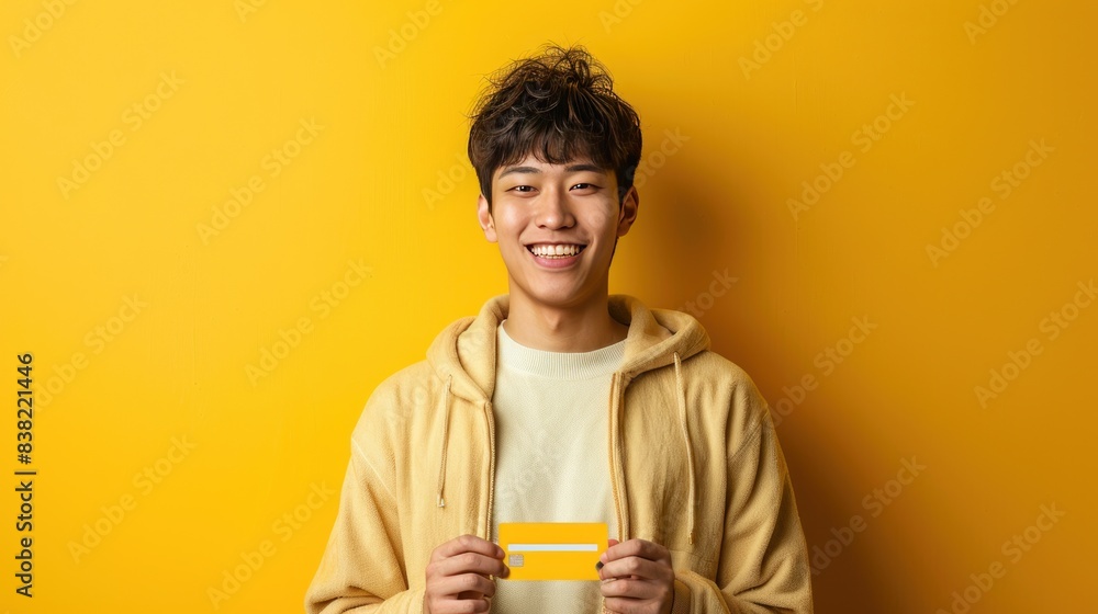 Young Asian man shows his credit card on a yellow background. Young Asian man shows his credit card on a yellow background.