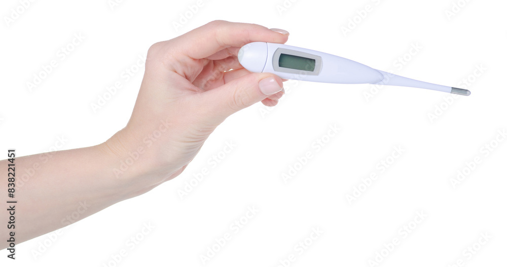Medical digital electronic thermometer in hand on white background isolation Medical digital electronic thermometer in hand on white background isolation