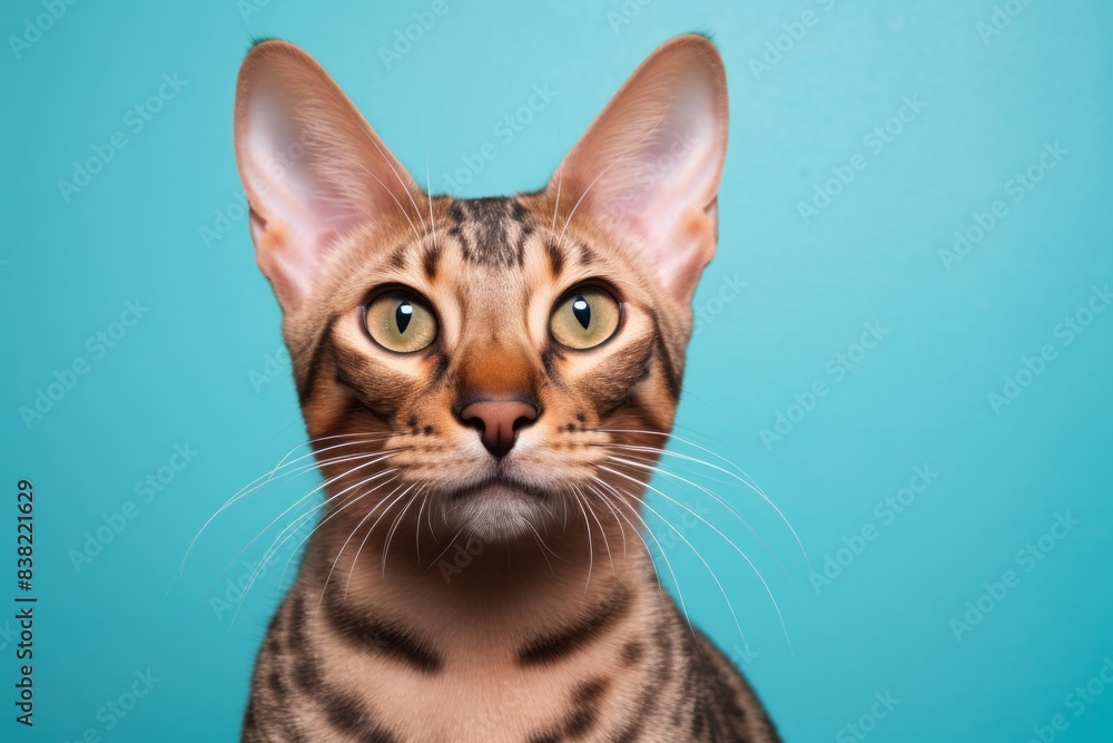 Portrait of a funny ocicat cat isolated in solid pastel color wall Portrait of a funny ocicat cat isolated in solid pastel color wall
