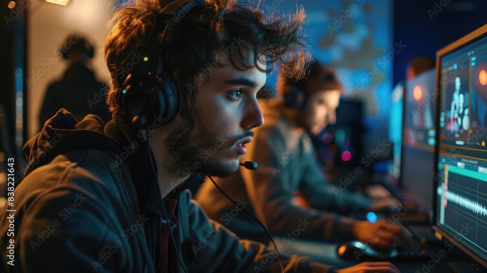 Obraz premium Sound engineer monitoring audio levels and adjusting microphones during a video shoot, ensuring high-quality sound recording in the production process