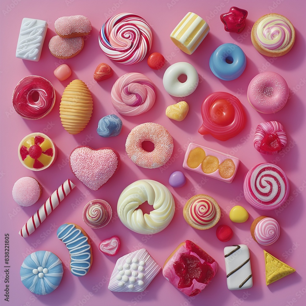 Muchos dulces y caramelos de formas raras y encantadores colores Muchos dulces y caramelos de formas raras y encantadores colores