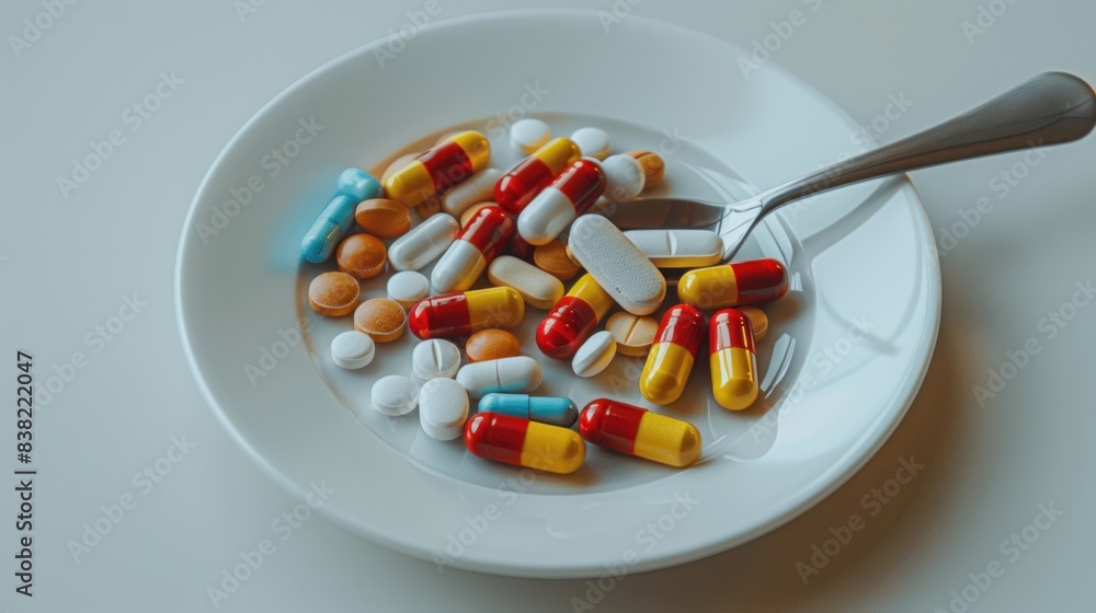 Colorful capsules and pills on white plate with spoon Colorful capsules and pills on white plate with spoon