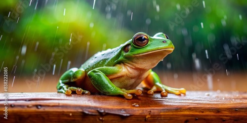 Portrait of green tree frog sitting on wet wooden surface in the rain, green tree frog, portrait, wet, wooden, surface, rain, amphibian, nature, wildlife, outdoors, vibrant, colorful, small photo