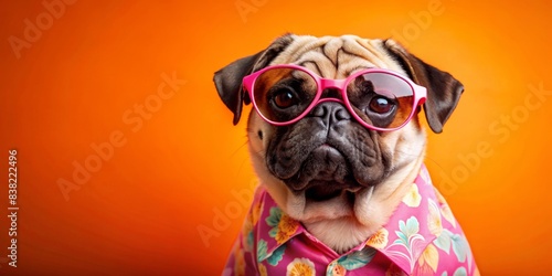 Cute pug in pink sunglasses and hawaiian shirt on orange background, pug, cute, trendy, sunglasses, hawaiian shirt, orange background, travel,generative AI, pet, dog, animal, fashion, tropical