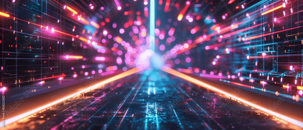 Fototapeta premium High-speed data depicted through a vibrant neon-lit tunnel