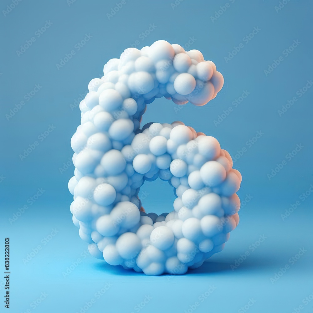 3D full length front view of a cloud shaped as a number 6, opaque sky blue back ground 3D full length front view of a cloud shaped as a number 6, opaque sky blue back ground