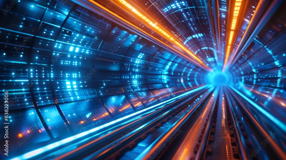 Obraz premium High-tech tunnel with blue and orange neon lights, symbolizing advanced technology and data transfer