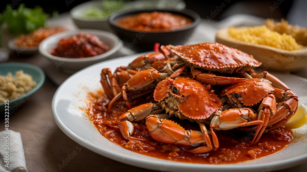 Chili Crab popular dish in Singapore featuring whole crabs stir-fried in a semi-thick, sweet and savory tomato and chili-based sauce Chili Crab popular dish in Singapore featuring whole crabs stir-fried in a semi-thick, sweet and savory tomato and chili-based sauce