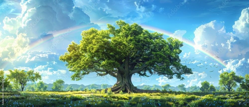 Majestic tree under a vibrant blue sky with a rainbow in the background, surrounded by lush greenery and clouds. Majestic tree under a vibrant blue sky with a rainbow in the background, surrounded by lush greenery and clouds.