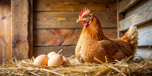 Brown hen sitting on eggs in hay inside chicken coop, hen, eggs, nest, hay, farm, poultry, domestic, animal, agriculture, rural, laying, incubating, feathered, coop, brown, sitting, warmth