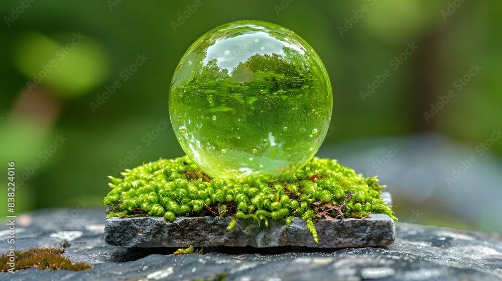 Environment - Abstract sunlight in forest with green globe and moss Environment - Abstract sunlight in forest with green globe and moss