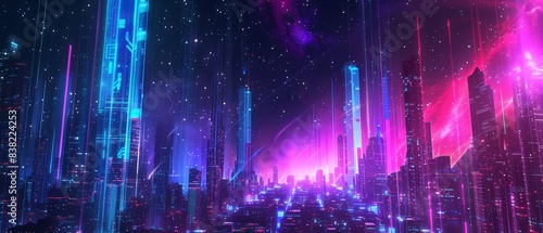 Futuristic Cyberpunk Cityscape Illustration with Neon Lights and Digital Elements Night Skyline. Perfect for technology, nightlife, and futuristic themes in graphic design projects.