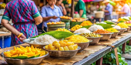 Bustling street food stall in Thailand serving fresh mango sticky rice with a vibrant market backdrop, Thailand, street food, mango sticky rice, stall, market, vibrant, bustling, crowd
