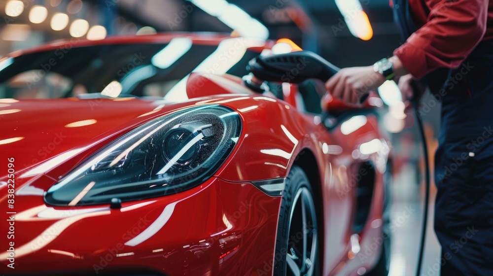 Professional Car Detailer Using an Electric-Powered Polishing Machine to Work on a Fender of a Beautiful Red Sportscar. Professional Car Detailer Using an Electric-Powered Polishing Machine to Work on a Fender of a Beautiful Red Sportscar.