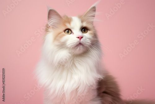 Portrait of a smiling cymric cat over blank studio backdrop photo