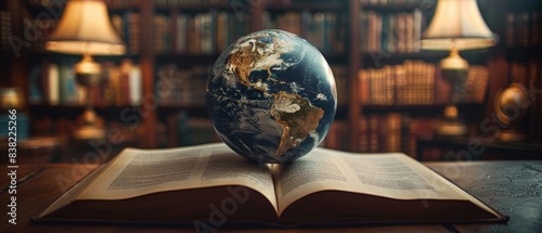 A globe rests on an open book in a cozy library surrounded by warm lighting, symbolizing global education, knowledge, and literature.