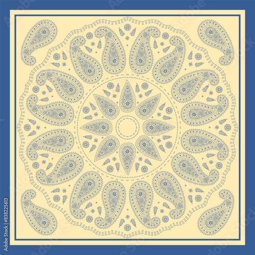 Scarf or bandana design with paisley mandala pattern and floral elements. Ethnic carpet design.