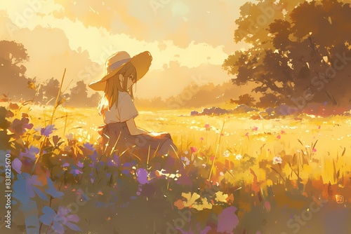 anime girl sitting in the meadow