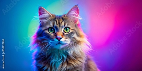 Portrait of a fluffy cat set against a vibrant neon background, perfect for a pet nursery or veterinary clinic advertisement, cat, fluffy, portrait, neon, background, pet, nursery © artsakon