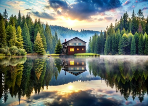 Double exposure of films and series in a beautiful business setting with a house at a lake and fir forest, films, series, double exposure, business, house, lake, fir forest