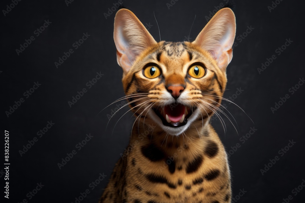 Portrait of a happy savannah cat in front of blank studio backdrop Portrait of a happy savannah cat in front of blank studio backdrop