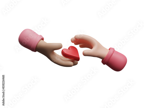 3D cartoon hand hold or giving heart isolated on transparent background. Valentine day, Relationship, family and donorship concept. Donation, love or charity for social media. 3d render illustration