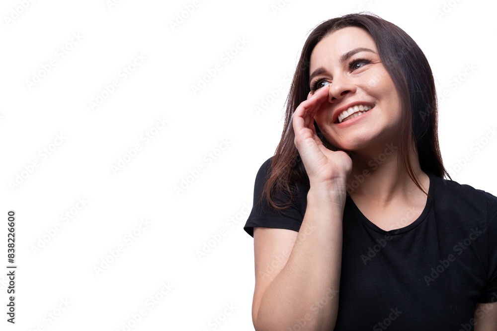 Young dreamy european woman dressed in basic t-shirt closeup Young dreamy european woman dressed in basic t-shirt closeup