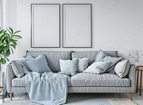 Modern interior, gray sofa with light blue blanket and two empty picture frames on white wall