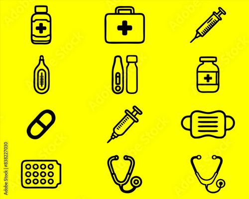 collection of various thing of medical equipment icons in black.