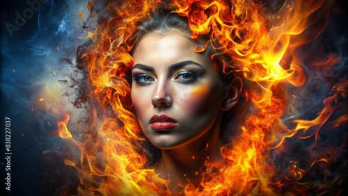 Woman's face engulfed in flames and smoke, fire, heat, danger, burning, inferno, blaze, hot, fiery, smoke, destruction, intense, flames, facial, woman, female, expressive, dramatic