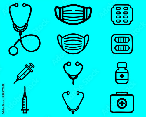 collection of various thing of medical equipment icons in black.