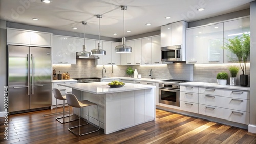 Modern white built-in kitchen with sleek design and stainless steel appliances, modern, white, built-in, kitchen, sleek, design, stainless steel, appliances, elegant, contemporary photo