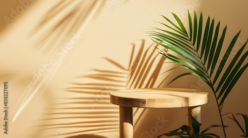 Wooden round side table with tropical plant